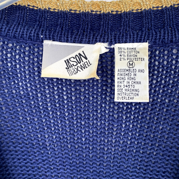 Vintage Jason Maxwell Compass Cardigan Sweater Sz M Blue Gold V-Neck Nautical - Picture 4 of 13
